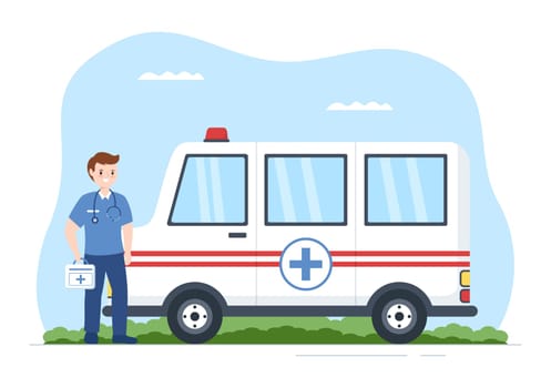 Medical Vehicle Ambulance Car or Emergency Service for Pick Up Patient the Injured in an Accident in Flat Cartoon Hand Drawn Templates Illustration