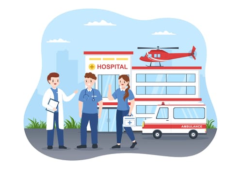 Medical Vehicle Ambulance Car or Emergency Service for Pick Up Patient the Injured in an Accident in Flat Cartoon Hand Drawn Templates Illustration