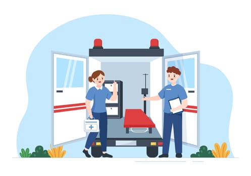 Medical Vehicle Ambulance Car or Emergency Service for Pick Up Patient the Injured in an Accident in Flat Cartoon Hand Drawn Templates Illustration