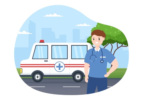 Medical Vehicle Ambulance Car or Emergency Service for Pick Up Patient the Injured in an Accident in Flat Cartoon Hand Drawn Templates Illustration