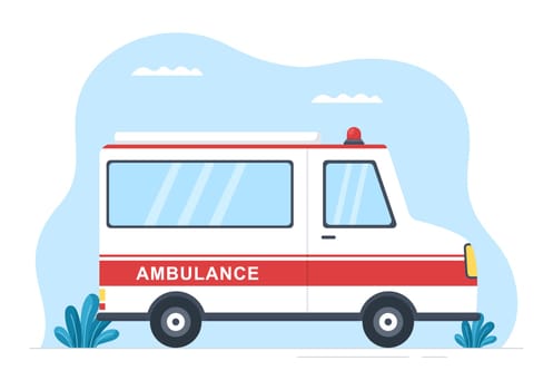 Medical Vehicle Ambulance Car or Emergency Service for Pick Up Patient the Injured in an Accident in Flat Cartoon Hand Drawn Templates Illustration