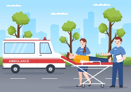 Medical Vehicle Ambulance Car or Emergency Service for Pick Up Patient the Injured in an Accident in Flat Cartoon Hand Drawn Templates Illustration