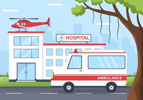 Medical Vehicle Ambulance Car or Emergency Service for Pick Up Patient the Injured in an Accident in Flat Cartoon Hand Drawn Templates Illustration