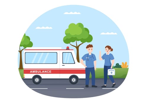 Medical Vehicle Ambulance Car or Emergency Service for Pick Up Patient the Injured in an Accident in Flat Cartoon Hand Drawn Templates Illustration