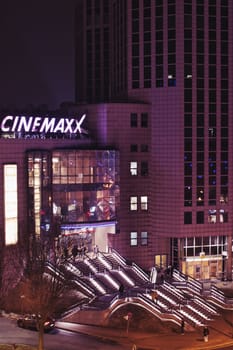 Cinemaxx cinema building in Essen, Germany at nighttime