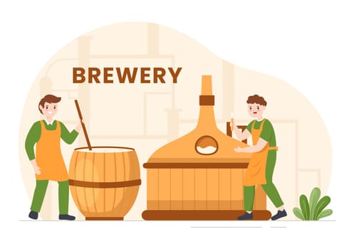 Brewery Production Process with Beer Tank and Bottle Full of Alcohol Drink for Fermentation in Flat Cartoon Hand Drawn Templates Illustration