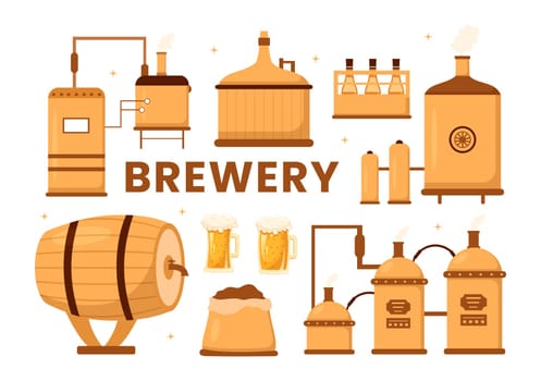 Brewery Production Process with Beer Tank and Bottle Full of Alcohol Drink for Fermentation in Flat Cartoon Hand Drawn Templates Illustration