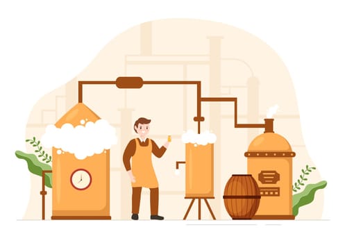 Brewery Production Process with Beer Tank and Bottle Full of Alcohol Drink for Fermentation in Flat Cartoon Hand Drawn Templates Illustration