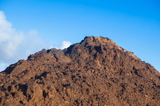 Composted olive mill pomace piled beside vineyard. Tierra de Barros, Spain