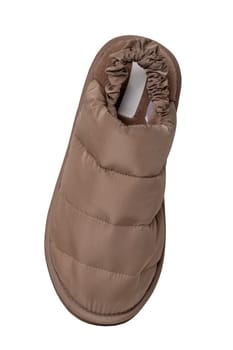 Slippers isolated. Close-up of a single of female brown warm and soft cosy terry house slipper isolated on white background.  Womans shoes. Macro.