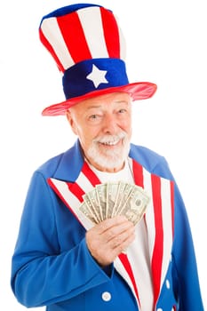 Realistic Uncle Sam smiling and holding a hand full of cash.  Isolated on white.
