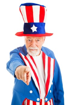 Realistic American Uncle Sam pointing at the camera in the classic pose.  Isolated on white.