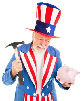 Uncle Sam prepares to break into his piggy bank.  Metaphor for US recession.  Isolated