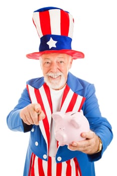 Realistic Uncle Sam holding a piggy bank and asking for donations.  Isolated on white.