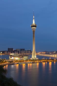 Macau Tower and Ponte de Sai Van bridge, This photo was shot in the evening after sunset.