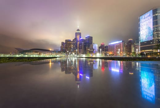 Hong Kong City, This photo was shot from the harbour front. The reflection of building at night time.