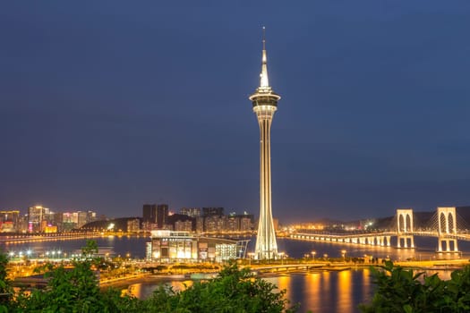 Macau Tower and Ponte de Sai Van bridge, This photo was shot in the evening after sunset.