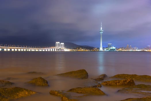 Macau Tower and Ponte de Sai Van bridge, This photo was shot in the evening after sunset.