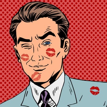 Traces of a kiss on the man face pop art retro style