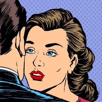 Woman hugging man with the sad face parting love Dating sadness pop art retro style