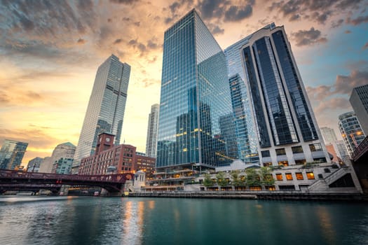 Urban view in Chicago downtown with bridge and buildings, united states of america