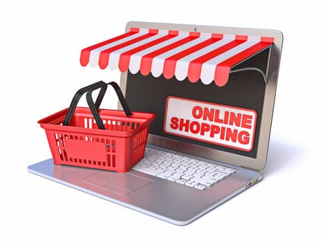 Red shopping basket with red white eaves on laptop 3D rendering illustration isolated on white background