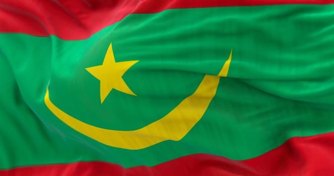 Close-up view of the Mauritania national flag waving in the wind. The Islamic Republic of Mauritania is a West African state. Fabric textured background. Selective focus. 3D illustration