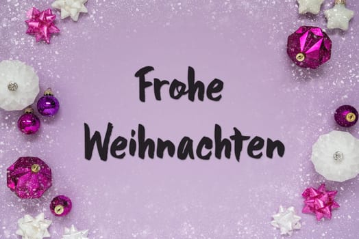 Christmas Card With German Text Frohe Weihnachten Means Merry Christmas. Purple Christmas Background With Romantic And Brilliant Decoration Like Balls And Snowflakes