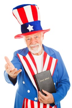 American icon Uncle Sam holding a bible and making a welcoming gesture.  Isolated on white