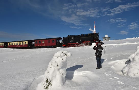 Harz narrow-gauge railway in winter on the Brocken