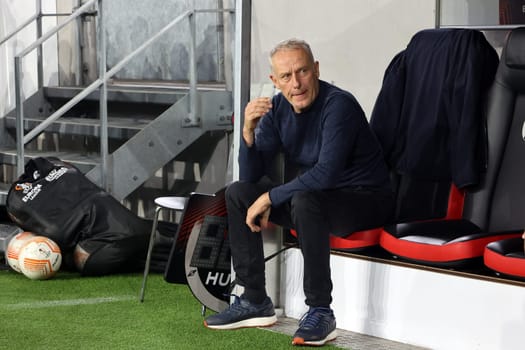Coach Christian Streich (Freiburg) on the bench at the match of the football Europa League - Matchday 5,SC Freiburg vs. Olympiakos Piraeus