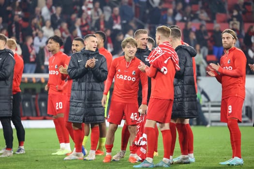 The Freiburg players around Ritsu Doan (SC Freiburg) are currently in a celebratory mood,as after the match of the football Europa League - Matchday 5,SC Freiburg vs. Olympiakos Piraeus