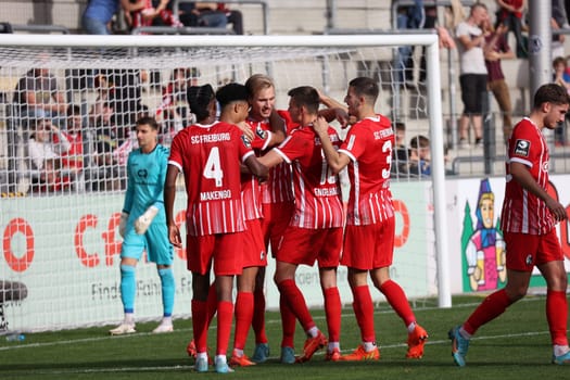 The Freiburg players celebrate the 1:0 lead goal of Vincent Vermeij (SC Freiburg II - U23) by penalty .in the game of the 3. FBL: 22-23: 14. Sptg. SC Freiburg II vs VfB Oldenburg.. DFL REGULATIONS PROHIBIT ANY USE OF PHOTOGRAPHS AS IMAGE SEQUENCES AND/OR QUASI-VIDEONann.. Photo: Joachim Hahne/johapress
