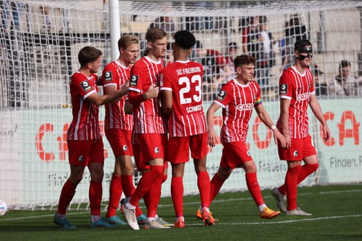 The Freiburg players in a celebratory mood after the 1:0 lead goal by Vincent Vermeij (SC Freiburg II - U23) .at the game of the 3. FBL: 22-23: 14. Sptg. SC Freiburg II vs VfB Oldenburg.. DFL REGULATIONS PROHIBIT ANY USE OF PHOTOGRAPHS AS IMAGE SEQUENCES AND/OR QUASI-VIDEONann.. Photo: Joachim Hahne/johapress