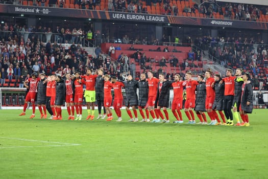 We want to jump,jump,jump,we want fun - the Freiburg players are successful in sports and have a lot of fun like here after the game of the Europa League - Matchday 5,SC Freiburg vs. Olympiakos Piraeus
