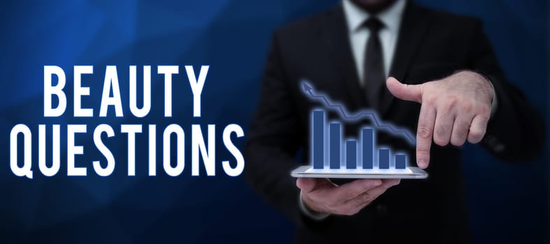 Hand writing sign Beauty Questions, Word Written on digital marketplace where traders can buy and sell bitcoins Lady in suit holding pen symbolizing successful teamwork accomplishments.