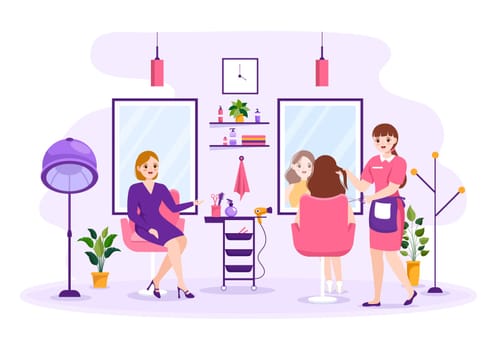 Hair Salon with Hairdresser, Haircut, Haircare and Hairstyle in Beauty Salon or Barber in Flat Cartoon Hand Drawn Templates Illustration