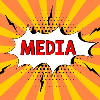 Hand writing sign Media, Conceptual photo communication outlets or tools used to store and deliver information Design Drawing Of Some Comic Frames As Background With Speech Bubbles