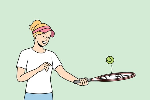 Smiling young woman in uniform playing badminton. Happy girl with racket and ball enjoy match outdoors. Sport and hobby. Vector illustration.