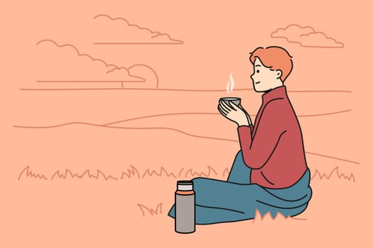 Happy young man sitting in nature drinking tea from thermos. Smiling enjoy warm coffee on hill outdoors. Relaxation concept. Vector illustration.