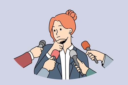 Pensive female politician thinking talking with reporters or journalists. Woman speaker have interview speak in microphones at conference. Vector illustration.