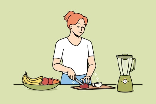 Happy young woman chopping fruits for smoothie. Smiling girl cut fresh fruit in kitchen follow healthy lifestyle. Vector illustration.