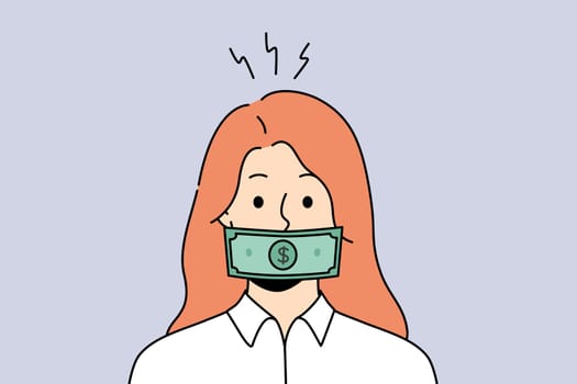 Woman with dollar banknote on mouth get bribe. Female with money covering face engaged in corruption and bribery. Vector illustration.