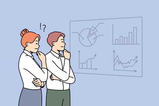 Pensive businesspeople look at board brainstorming on financial ideas. Thoughtful employees cooperate together engaged in team thinking. Teamwork. Vector illustration.