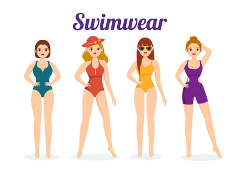 Swimwear with Different Designs of Bikinis and Swimsuits for Women at the Summer Beach in Flat Style Cartoon Hand Drawn Templates Illustration