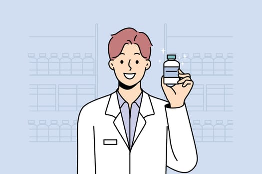 Smiling male pharmacist in medical uniform hold bottle in hands. Happy man specialist or professional recommend medication or drug. Healthcare and medicine. Vector illustration.