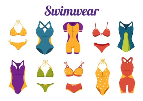 Swimwear with Different Designs of Bikinis and Swimsuits for Women at the Summer Beach in Flat Style Cartoon Hand Drawn Templates Illustration