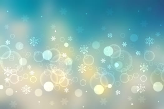 Abstract blurred festive delicate winter christmas or Happy New Year background with shiny blue yellow and white bokeh lighted stars. Space for your design. Card concept.