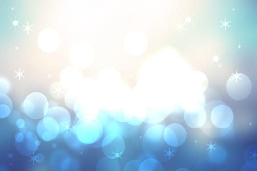 Abstract blurred festive delicate winter christmas or Happy New Year background texture with shiny light turquoise blue and bright bokeh lighted stars. Card concept.