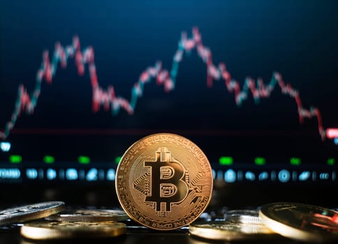 Bitcoin and cryptocurrency investing concept. Bitcoin cryptocurrency coins. Trends in bitcoin exchange rates. Graph review of Annual Report Rise and fall bitcoin